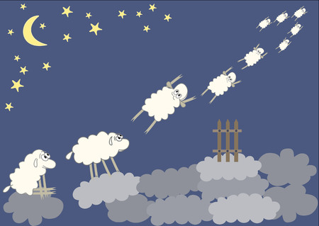 Funny sheep jumping over a fence in the background of the sky. Vector illustration.のイラスト素材