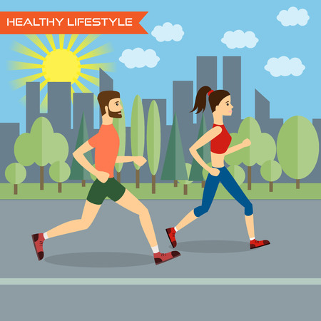 Young man and young woman fitness runners on city background. Healthy way of life,  exercise and run. Vector illustration.のイラスト素材