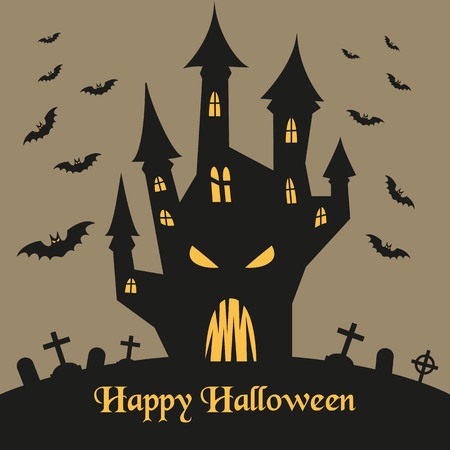 Spooky silhouette of Halloween castle and bats for halloween invitation card or halloween party poster. Vector illustration.のイラスト素材