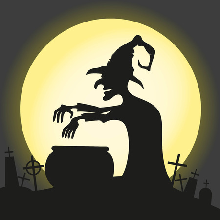 Cartoon witch brews a potion on the background of the moon and a cemetery.のイラスト素材