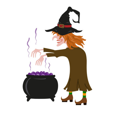 Witch brews a potion in pot isolated on white background. Vector illustrations. Halloween silhouette.のイラスト素材
