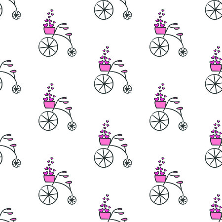 Seamless pattern with bicycles and hearts on the white background for your design. Vector illustration.のイラスト素材