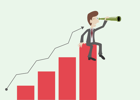 Businessman sits on a bar chart and looks through a spyglass. Business vision concepts. Vector illustration.のイラスト素材