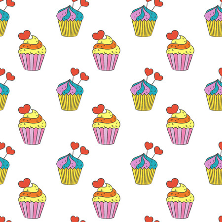 Seamless pattern with cupcakes on the white background. Vector illustration.のイラスト素材