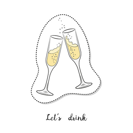 Cartoon sticker with glasses of champagne on white background. Vector illustration.のイラスト素材