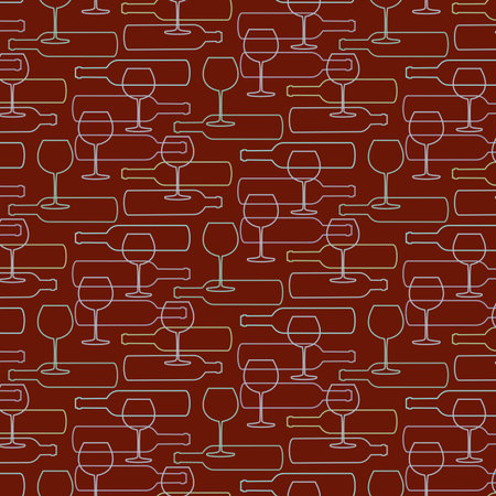 Seamless pattern with bottles of wine and wineglasses on red background. Vector illustration.のイラスト素材