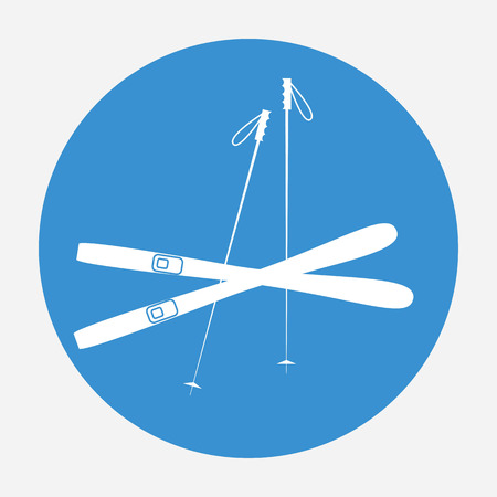 White ski icon on blue background. Winter sports equipment. Vector illustration.のイラスト素材
