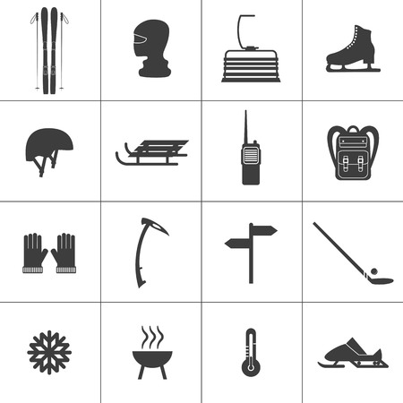 Set of icons for ski and winter sports. Design for tourist catalog, maps of the ski slopes, placard, brochure, flyer, booklet. Vector illustration.のイラスト素材