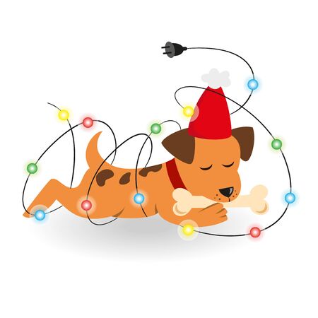 Cartoon dog with Christmas garland on the white background.のイラスト素材