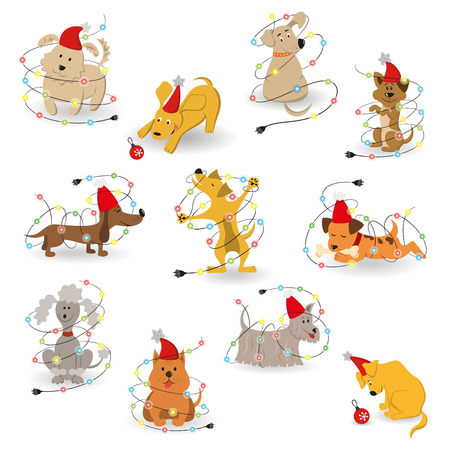 Set of funny cartoon dogs with christmas garlands on white background.のイラスト素材