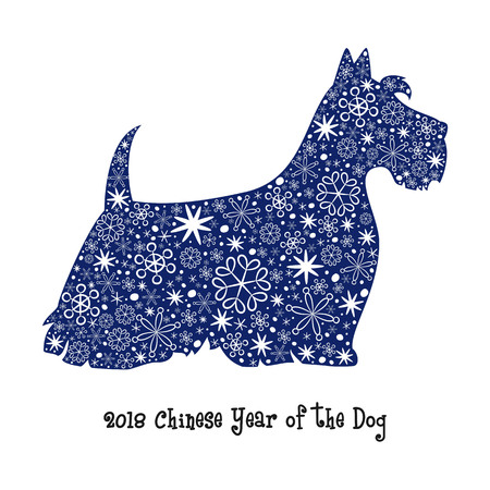 Dog silhouette with snowflakes. 2018 - Chinese Year of the Dog.  Vector illustration.のイラスト素材
