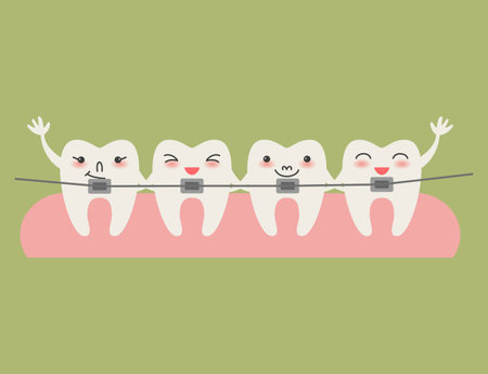 Cartoon Teeth with braces on green background Vector illustration.のイラスト素材