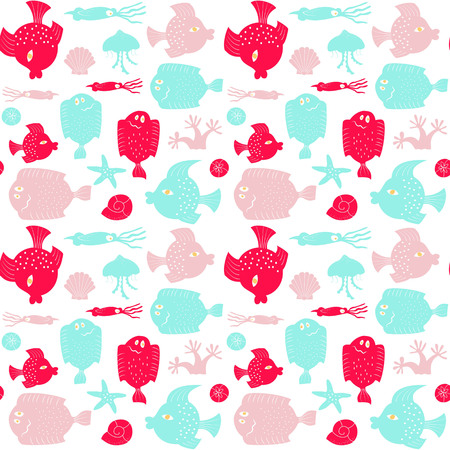 Seamless pattern with colorful cartoon fishes. Vector illustration.のイラスト素材