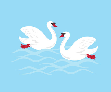 Cartoon swans on blue background. Vector illustration.のイラスト素材