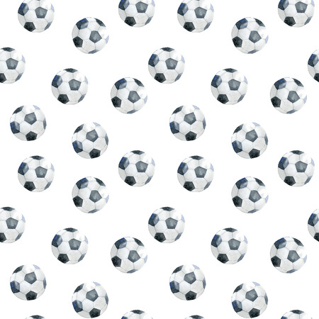 Seamless pattern with soccer balls. Hand drawn watercolor illustration.の写真素材