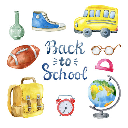 Set of school items on white background. Hand drawn watercolor illustration.の写真素材