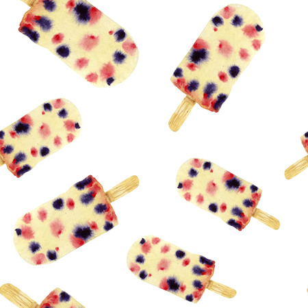 Seamless pattern with colorful ice cream. Hand drawn watercolor illustration.の写真素材