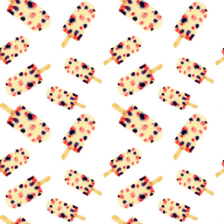 Seamless pattern with colorful ice cream. Hand drawn watercolor illustration.