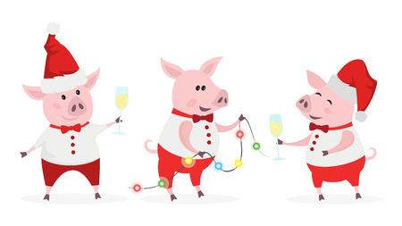 Cute pigs with champagne and garland. Symbol of Chinese New Year 2019. Vector illustration.のイラスト素材