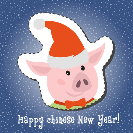 Cartoon sticker with pig on snow background. Symbol of Chinese New Year 2019. Vector illustration.のイラスト素材