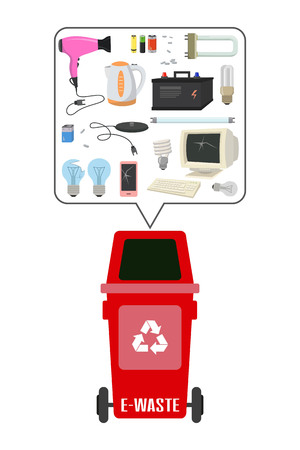 Container with E-waste trash on white background. Ecology and recycle concept. Vector Illustration.のイラスト素材