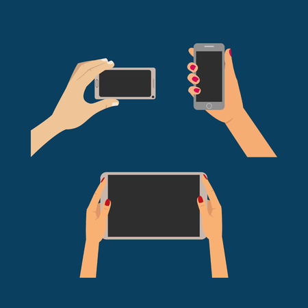 Human hand holding smartphones or tablet. Vector illustration, flat design.のイラスト素材