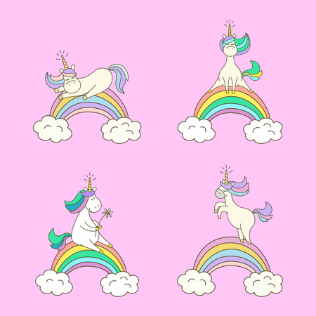 Set of cute unicorns on pink background. Vector illustration.のイラスト素材