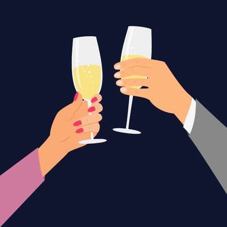 Hands holding champagne glasses, celebrating. Vector illustration.のイラスト素材