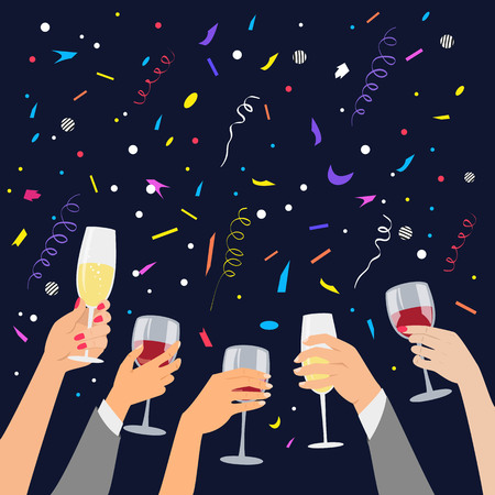 Hands holding a glasses with red wine and champagne. Vector illustration.のイラスト素材