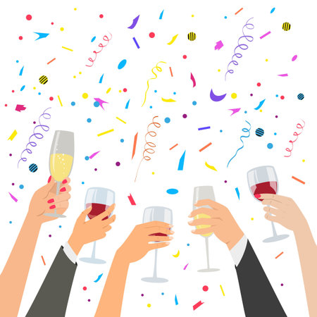 Hands holding a glasses with red wine and champagne. Vector illustration.のイラスト素材