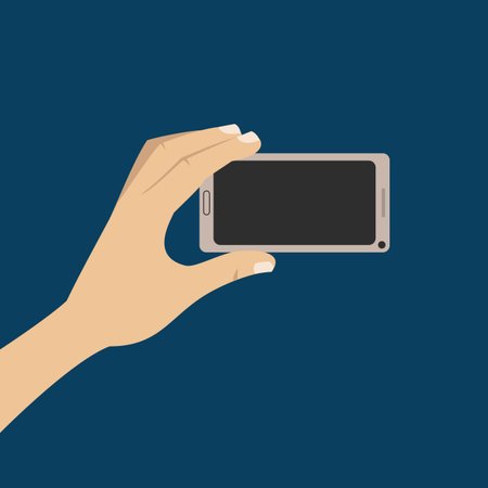 Human hand holding smartphone. Vector illustration, flat design.