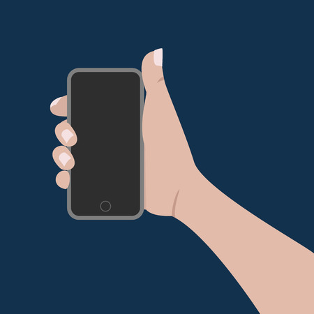 Human hand holding smartphone. Vector illustration, flat design.のイラスト素材