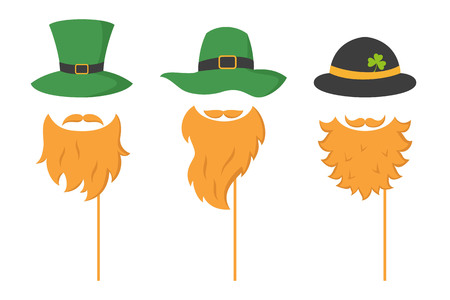 Set of different piece photo booth props with Irish leprechaun (hat and beard). Vector illustration.のイラスト素材