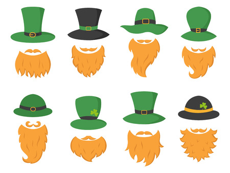 Set of different piece photo booth props with Irish leprechaun (hat and beard). Vector illustration.のイラスト素材