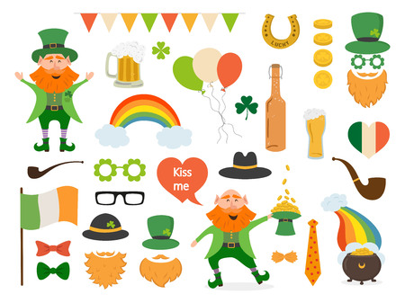 Set of different elements and photo booth props for St. Patrick's Day. Saint Patrick's Day concept. Vector illustration.のイラスト素材
