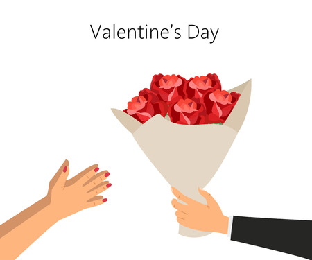 Man holds a bouquet of roses. Vector illustration.のイラスト素材