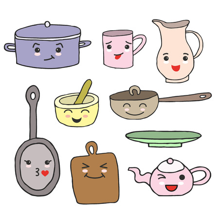 Set of  kitchen tools with cartoon kawaii faces and different emotions. Vector illustration.のイラスト素材