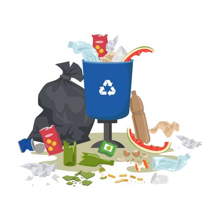 Garbage bin full of trash on white background. Ecology and recycle concept. Vector illustration.のイラスト素材