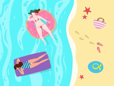 Cartoon background of sea shore with women.のイラスト素材