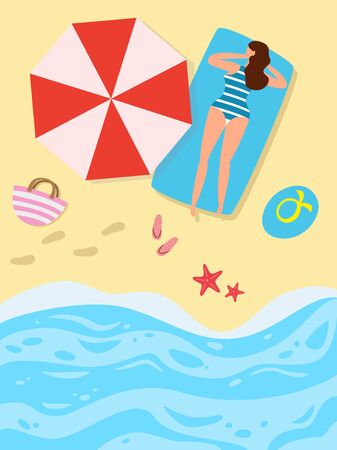 Cartoon  background of sea shore with woman.のイラスト素材