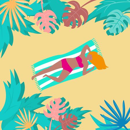 Summer landscape with tropical plants and tourists.のイラスト素材