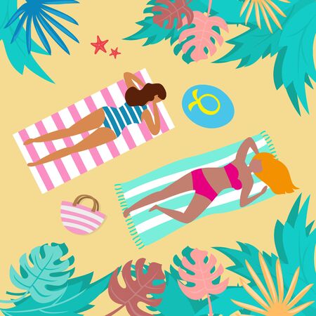 Summer landscape with tropical plants and tourists. Vector illustration.のイラスト素材