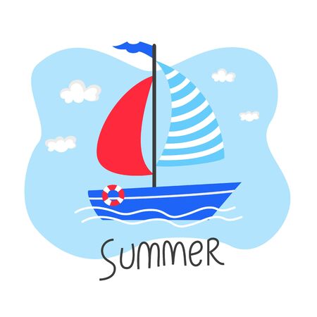 Cute cartoon sailboat on the sea background.のイラスト素材