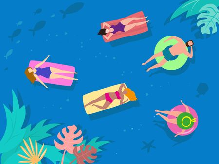 Summer landscape with tropical plants and tourists.のイラスト素材