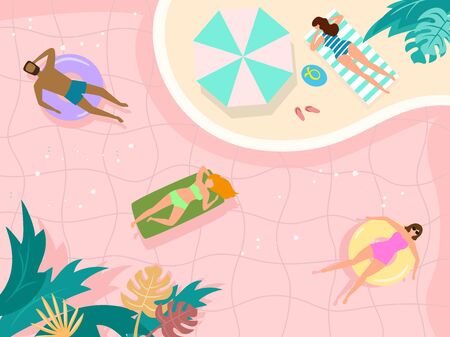 Summer landscape with happy tourists in the pool.のイラスト素材