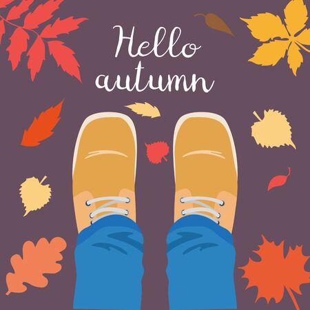 Legs and falling leaves around. Hello Autumn concept.のイラスト素材