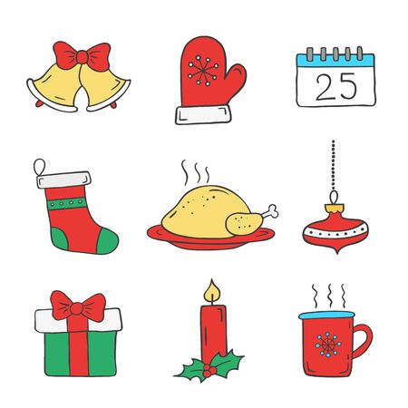 Set of christmas icons in doodle sketch style. Vector illustration.のイラスト素材