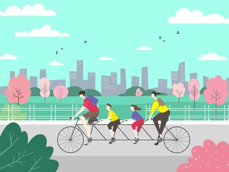 Happy family riding a tandem bicycle with four seats in the park on the background of the city landscape. Healthy Lifestyle. Vector Illustration.のイラスト素材