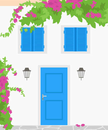 Traditional greek house with blooming flowers. Tourism concept. Vector illustration.のイラスト素材