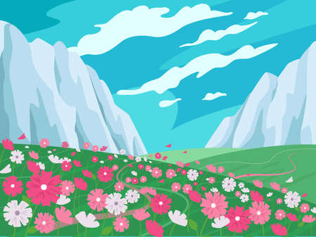 Mountain landscape. Cartoon panorama of beautiful nature with flowers and mountains. Vector illustration.のイラスト素材